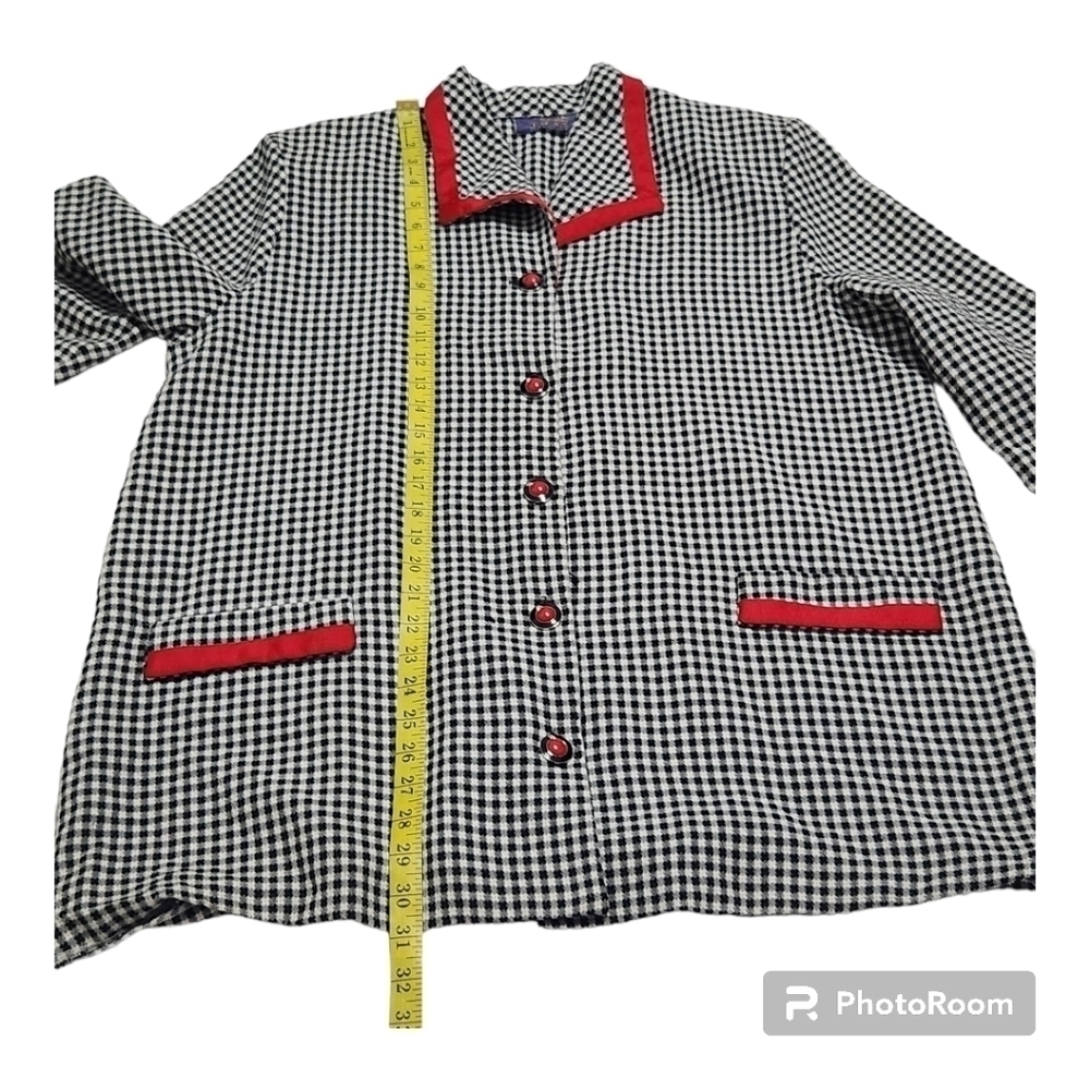 T.D.A black and white gingham button-down top/blouse with red trim and buttons. - Picture 4 of 10